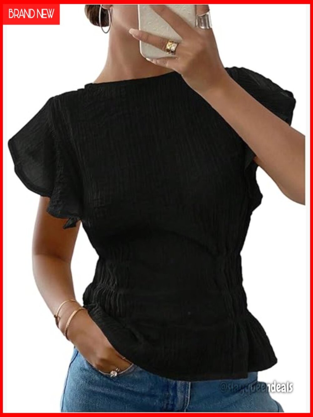 Ruffle Cap Sleeve Peplum Blouse, Crew Neck, Cinched Waist, Textured Fabric